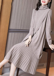 Style Khaki Turtle Neck Asymmetrical Design Knit Pleated Dress Two Piece Set Winter