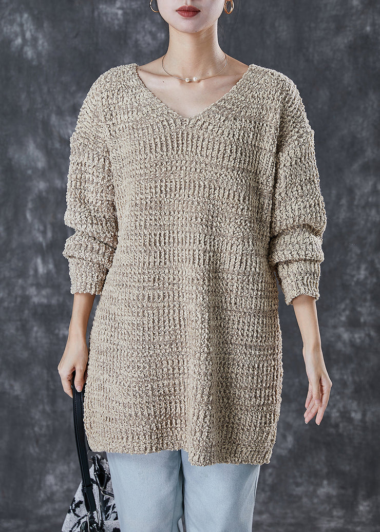 Style Khaki V Neck Oversized Knit Sweater Dress Winter