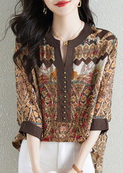 Style Khaki V Neck Print Patchwork Chiffon Shirt Tops Summer