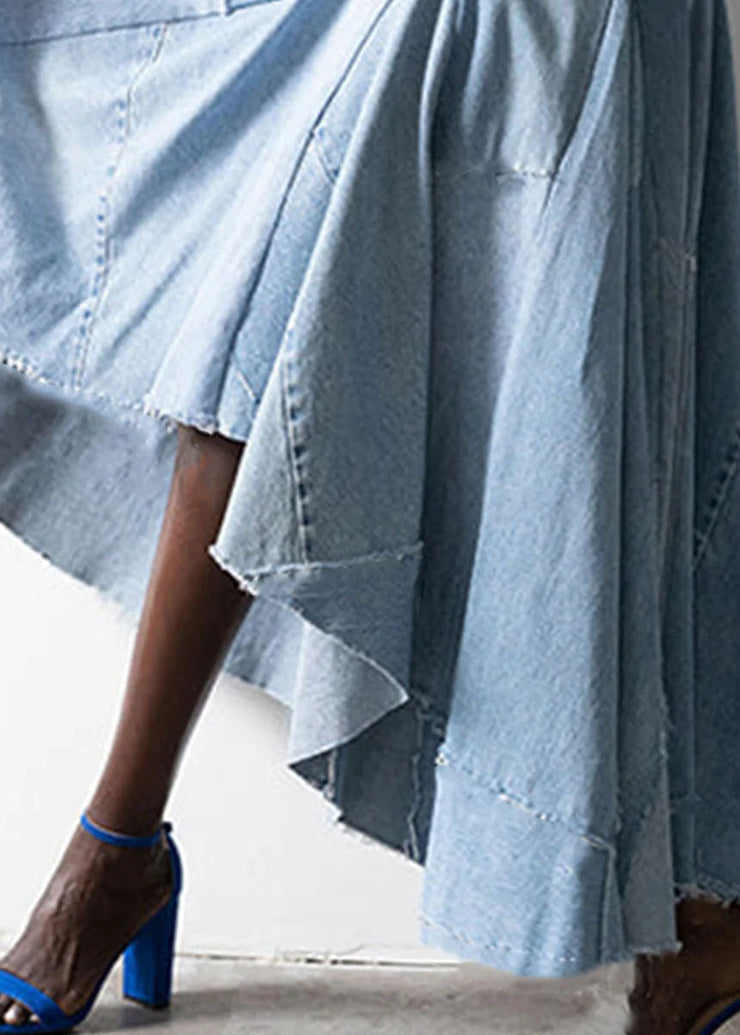 Style Light Blue Asymmetrical Design Patchwork Denim Dress Sleeveless