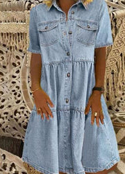 Style Light Blue Peter Pan Collar Wrinkled Patchwork Denim Mid Dress Summer