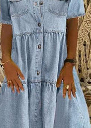 Style Light Blue Peter Pan Collar Wrinkled Patchwork Denim Mid Dress Summer