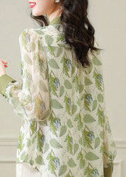 Style Light Green Bow Cinched Print Chiffon Tops Spring