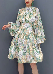 Style Light Green Ruffled Print Chiffon Dress Lantern Sleeve