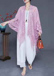 Style Light Purple Hollow Out Tasseled Lace Scarf