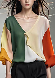 Style Multi V Neck Patchwork Chiffon Tops Bracelet Sleeve