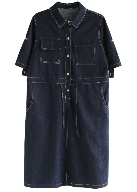 Style Navy Peter Pan Collar Pockets Drawstring Cotton Denim Dresses Short Sleeve