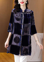 Style Navy Stand Collar Print Chiffon Long Shirt Half Sleeve