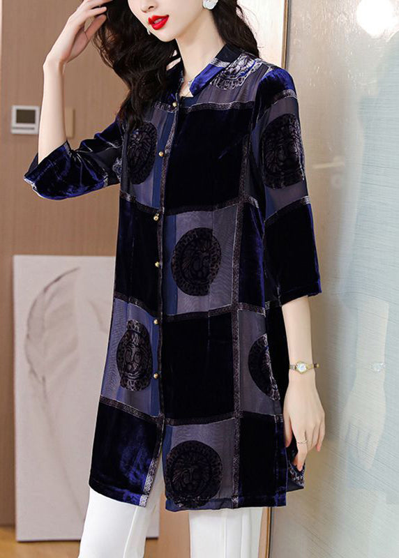 Style Navy Stand Collar Print Chiffon Long Shirt Half Sleeve