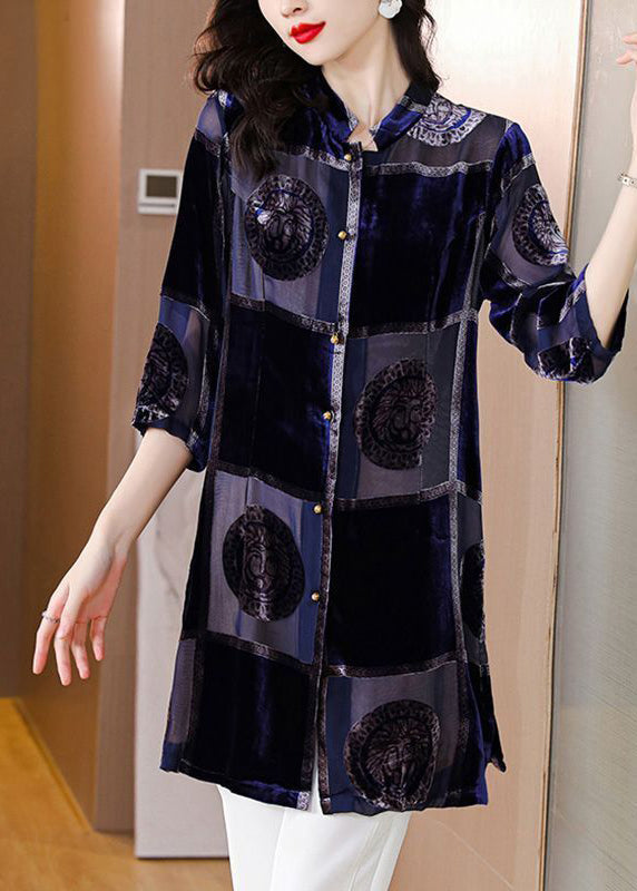 Style Navy Stand Collar Print Chiffon Long Shirt Half Sleeve