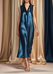 Style Navy V Neck Draping Silk Maxi Dresses Summer