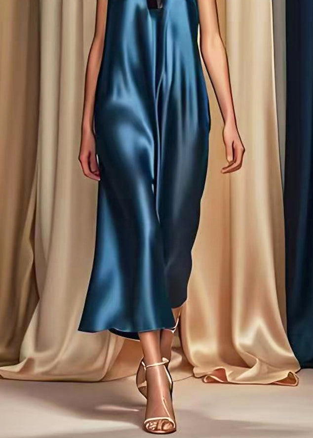 Style Navy V Neck Draping Silk Maxi Dresses Summer