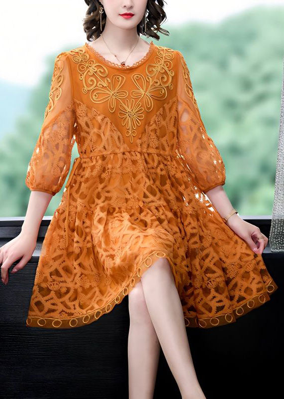 Style Orange Embroideried Patchwork Tulle Mid Dress Summer