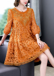 Style Orange Embroideried Patchwork Tulle Mid Dress Summer