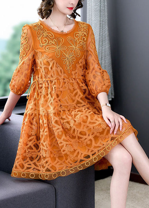 Style Orange Embroideried Patchwork Tulle Mid Dress Summer