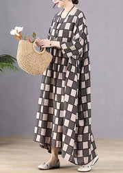 Style Black O-Neck Plaid Print Wrinkled Maxi Dresses Bracelet Sleeve