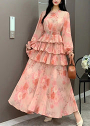 Style Orange Ruffled Patchwork Tie Waist Chiffon Dresses Long Sleeve