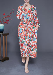 Style Orange V Neck Tie Waist Print Chiffon Maxi Dresses Spring