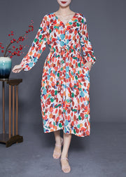 Style Orange V Neck Tie Waist Print Chiffon Maxi Dresses Spring