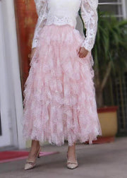 Style Pink Asymmetrical Wrinkled Elastic Waist Tulle Skirts Spring