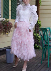 Style Pink Asymmetrical Wrinkled Elastic Waist Tulle Skirts Spring