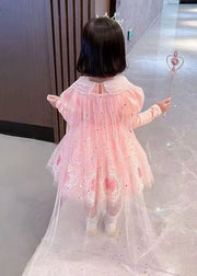 Style Pink Embroideried Patchwork Tulle Kids Long Dresses Long Sleeve