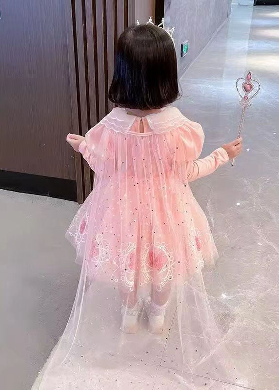 Style Pink Embroideried Patchwork Tulle Kids Long Dresses Long Sleeve