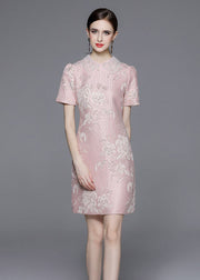 Style Pink Peter Pan Collar Jacquard Patchwork Cotton Mid Dress Summer