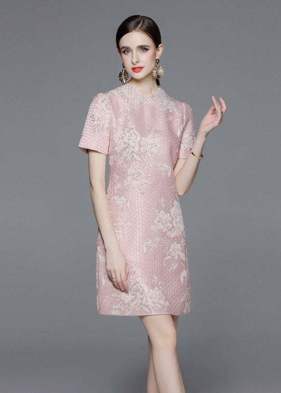 Style Pink Peter Pan Collar Jacquard Patchwork Cotton Mid Dress Summer