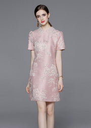 Style Pink Peter Pan Collar Jacquard Patchwork Cotton Mid Dress Summer