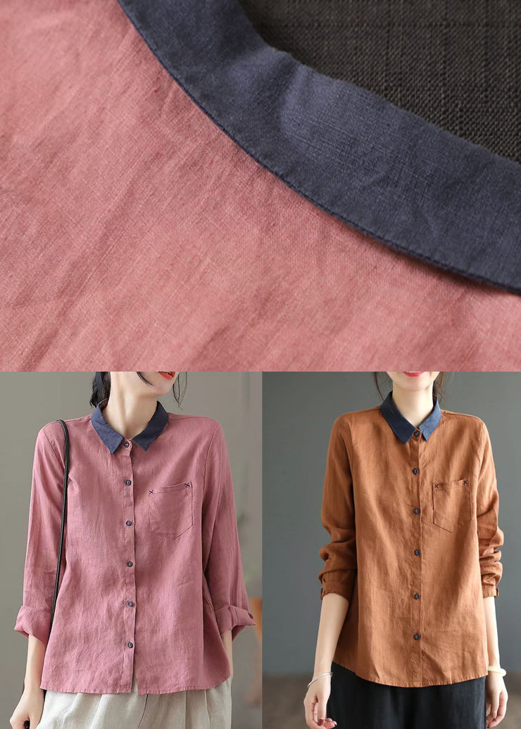 Style Pink Peter Pan Collar Patchwork Linen Top Spring