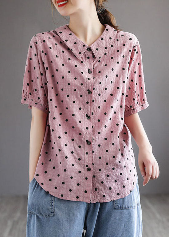 Style Pink Peter Pan Collar Print Patchwork Cotton Blouses Short Sleeve