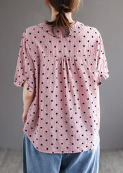 Style Pink Peter Pan Collar Print Patchwork Cotton Blouses Short Sleeve