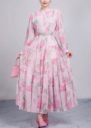 Style Pink Stand Collar Print Cotton Party Dress Long Sleeve