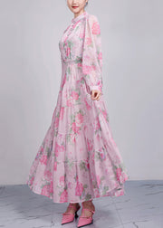 Style Pink Stand Collar Print Cotton Party Dress Long Sleeve