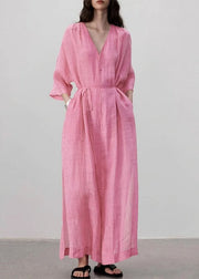 Style Pink V Neck Button Lace Up Linen Long Dress Summer