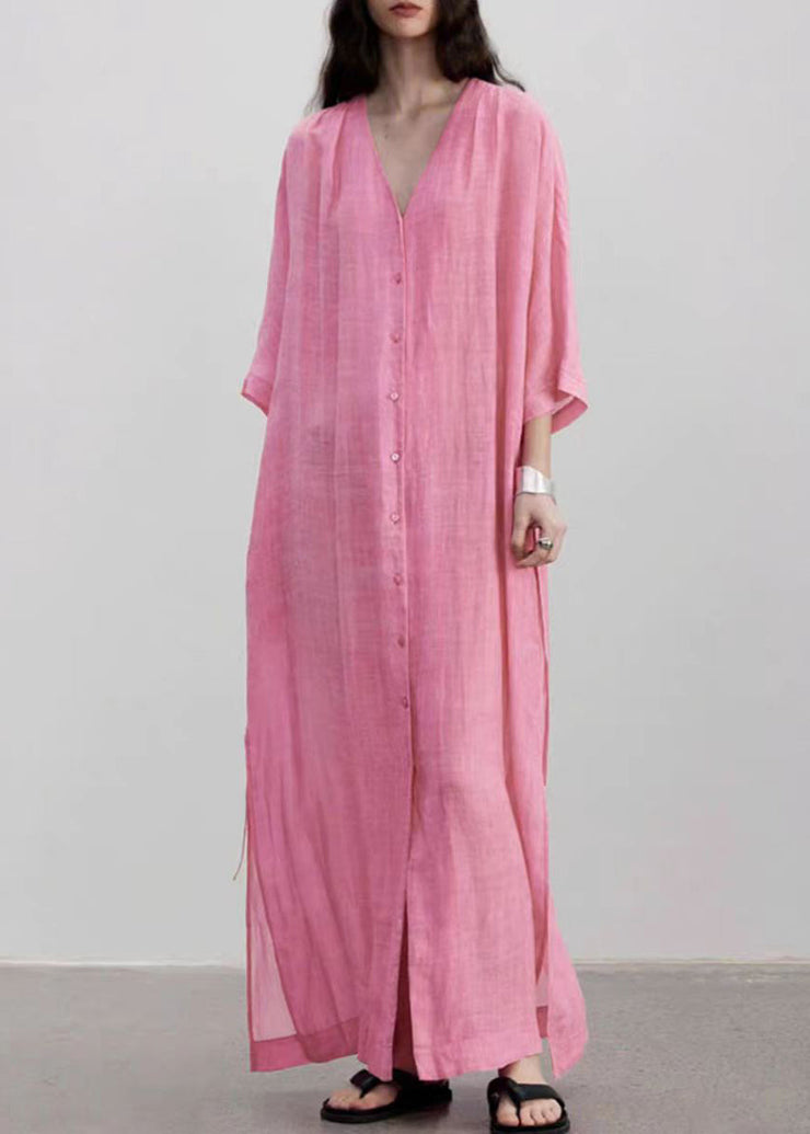 Style Pink V Neck Button Lace Up Linen Long Dress Summer