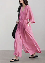 Style Pink V Neck Button Lace Up Linen Long Dress Summer