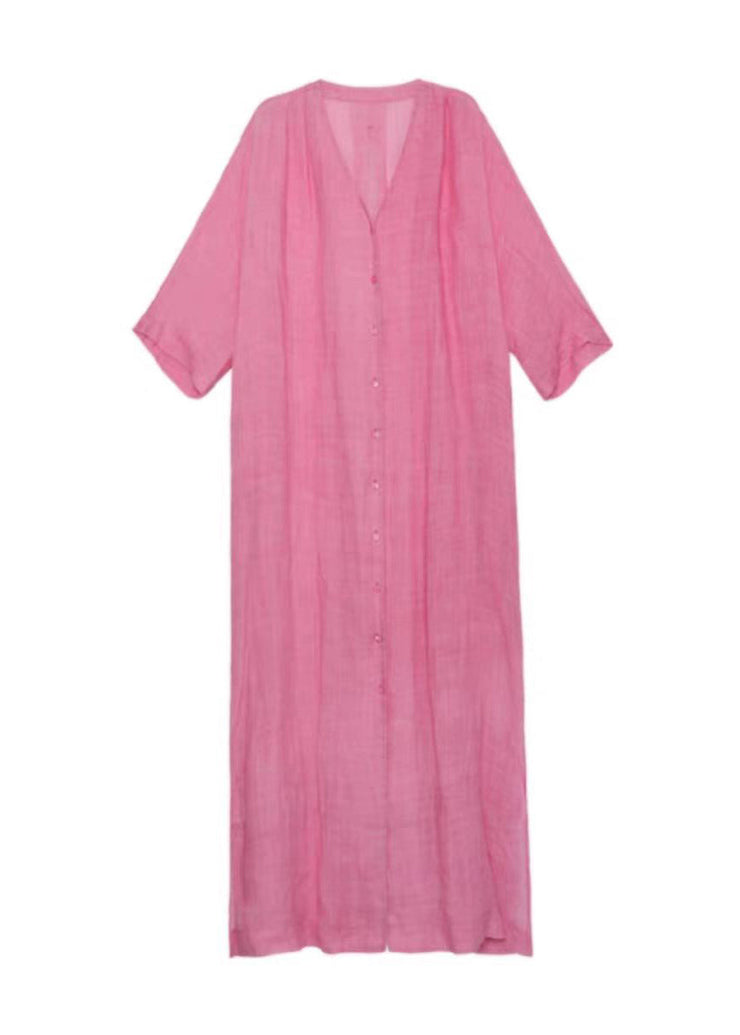 Style Pink V Neck Button Lace Up Linen Long Dress Summer