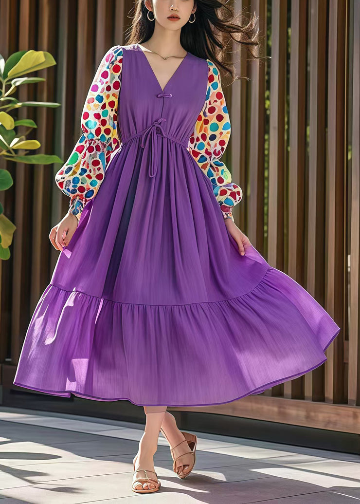 Style Purple Cinched Patchwork Print Cotton Dress Fall