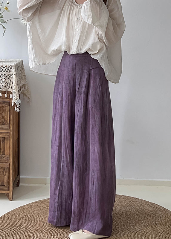 Style Purple High Waist Tie Dye Linen Wide Leg Pants Trousers Fall