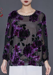 Style Purple Jacquard Hollow Out Tulle Top Spring