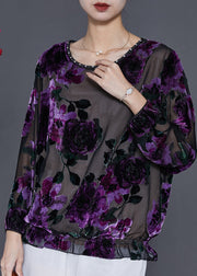 Style Purple Jacquard Hollow Out Tulle Top Spring