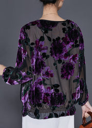 Style Purple Jacquard Hollow Out Tulle Top Spring