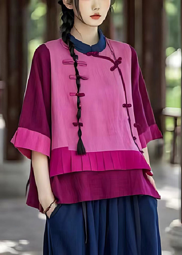 Style Purple Mandarin Collar Patchwork Linen Fake Two Piece Top Summer