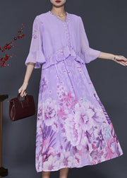 Style Purple Ruffled Print Zircon Chiffon Dresses Summer