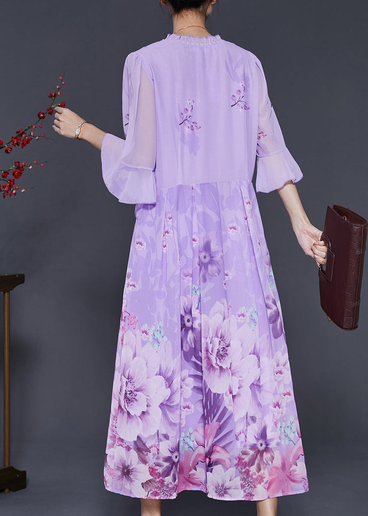 Style Purple Ruffled Print Zircon Chiffon Dresses Summer