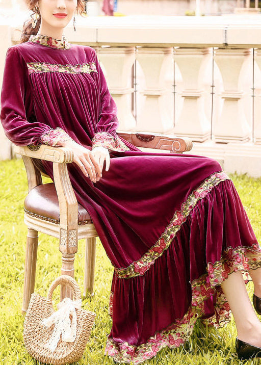 Style Purple Stand Collar Patchwork Embroideried Silk Velour Robe Dresses Spring