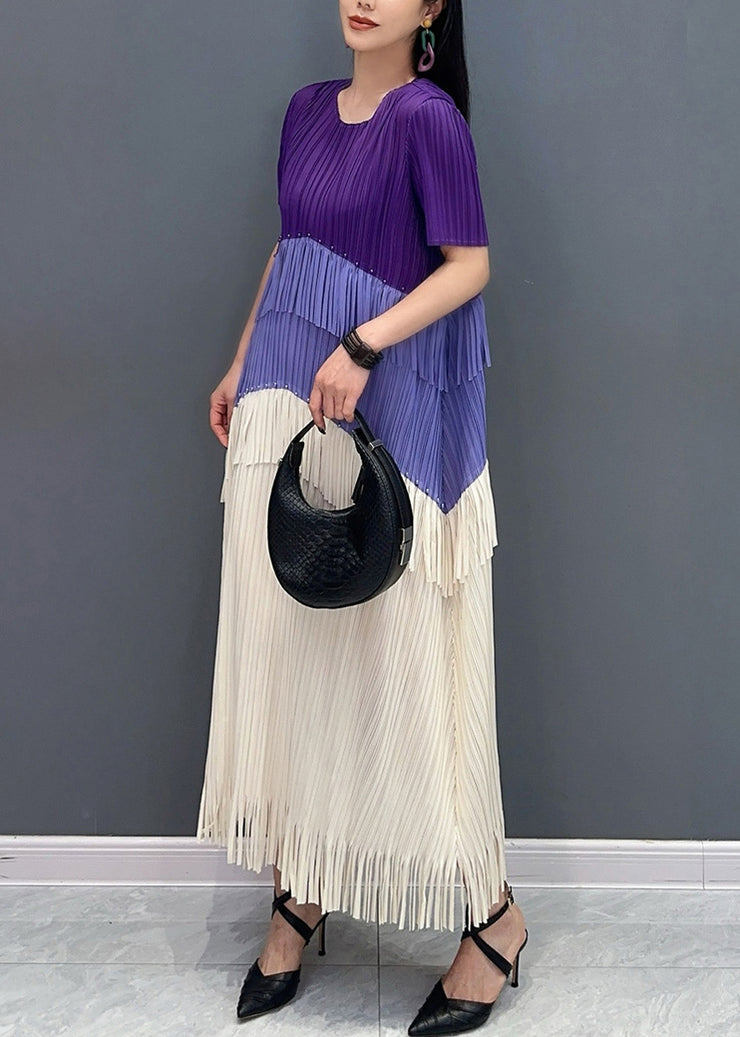 Style Purple Tasseled Patchwork Silk Long Dresses Summer