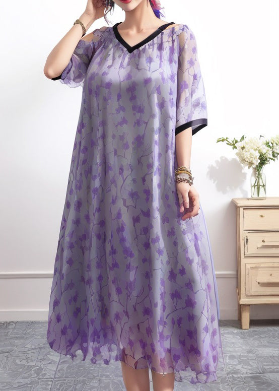 Style Purple V Neck Print Loose Silk Dress Summer